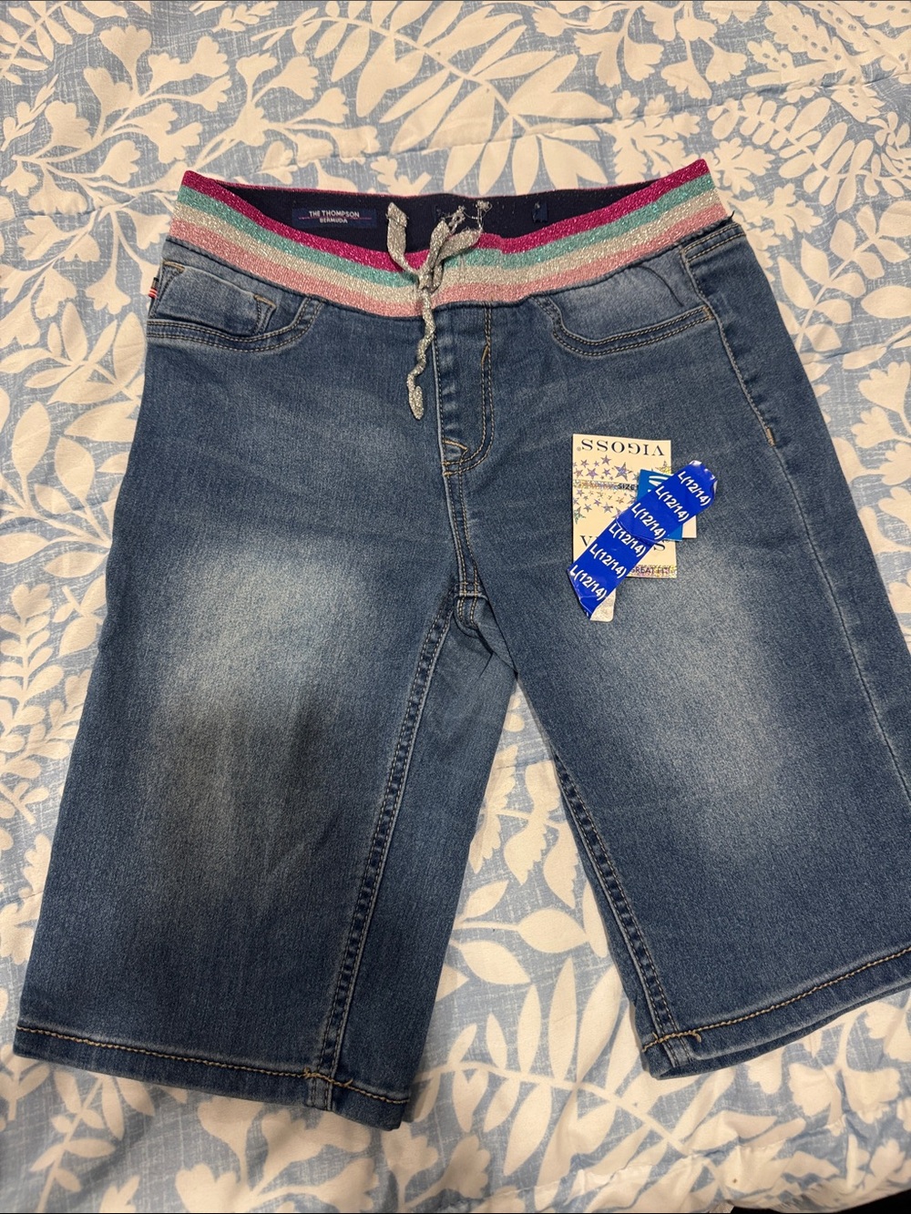 Vigoss Blue Denim girls Bermuda Shorts with Multicolor Elastic Waistband